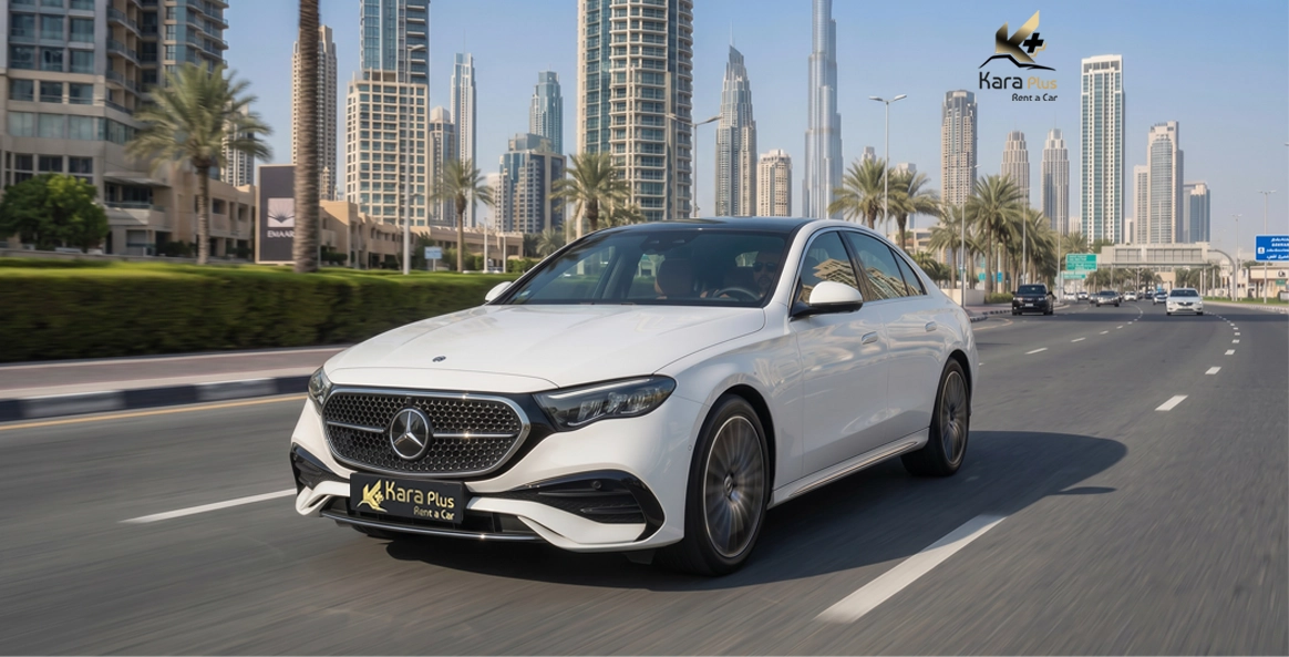 rent a white benz e200 2026 in dubai ith kara plus
