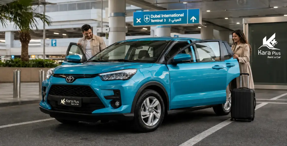 A blue Toyota Raize parked at Dubai International Airport Terminal 3, highlighting direct terminal delivery options for a premium car rental in Dubai.