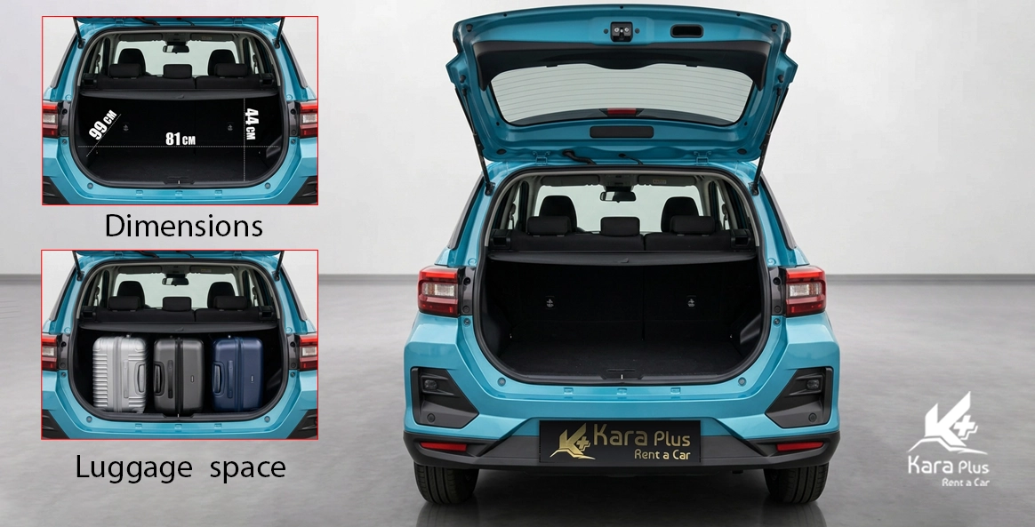 Toyota Raize cargo trunk space and dimensions infographic showcasing luggage capacity for a crossover car rental in Dubai.